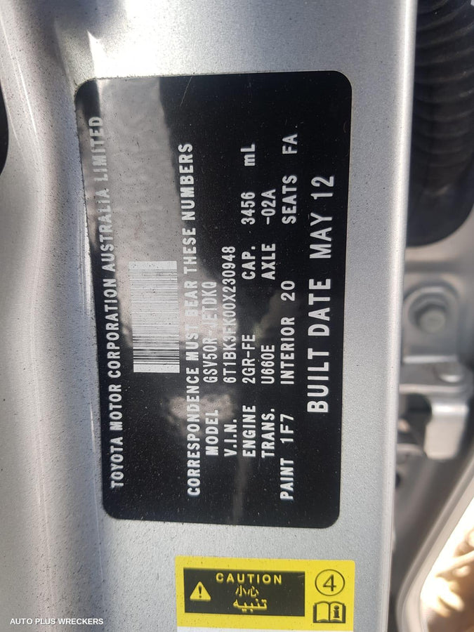 2012 Toyota Aurion Right Rear Wnd Reg Motor