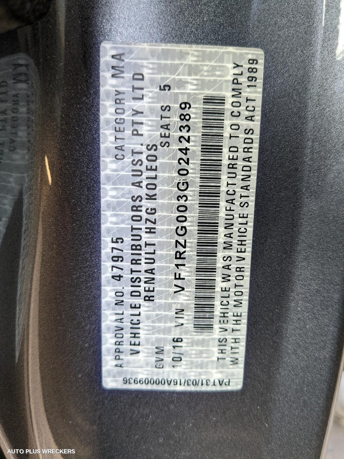 2016 Renault Kaleos Right Rear Door Sliding