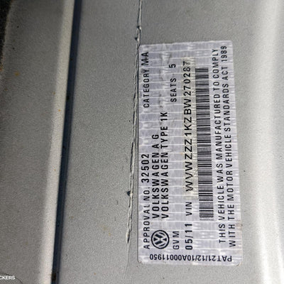 2011 Volkswagen Golf Left Rear Door Window