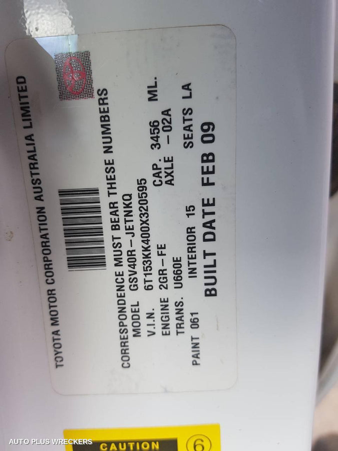 2009 TOYOTA AURION PWR DR WIND SWITCH