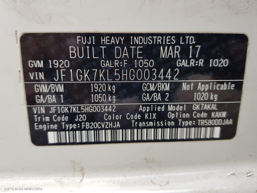 2017 Subaru Impreza Trans Gearbox