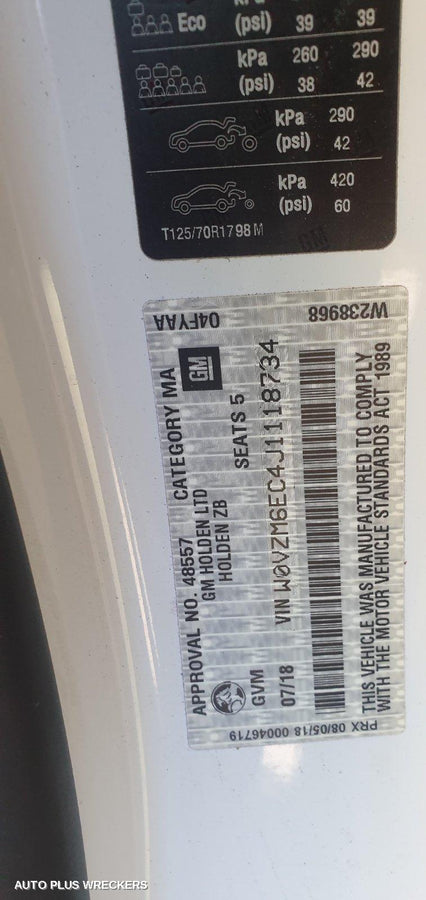 2018 Holden Commodore Left Rear Wnd Reg Motor