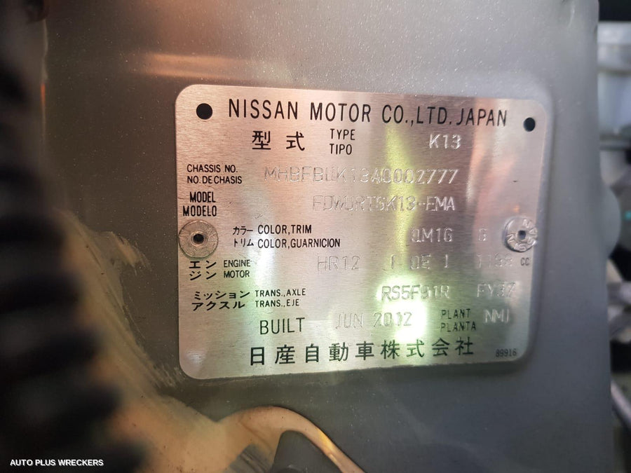 2012 Nissan Micra Left Rear Door Window