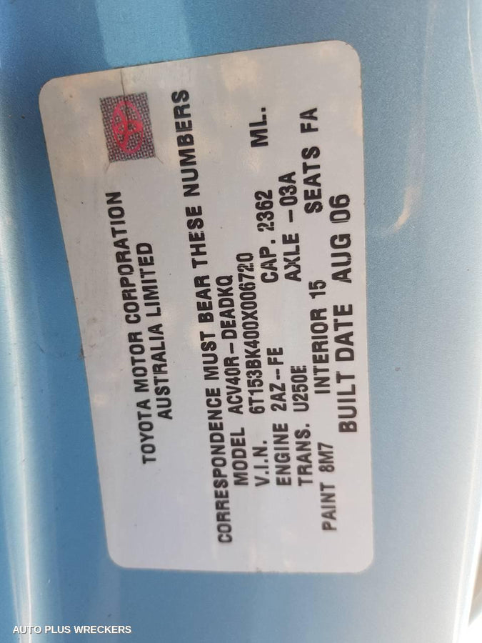 2006 Toyota Camry Left Rear Door Window