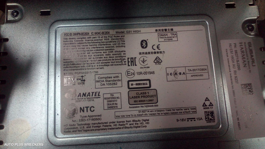 2019 Subaru Forester Radio Cd Dvd Sat Tv